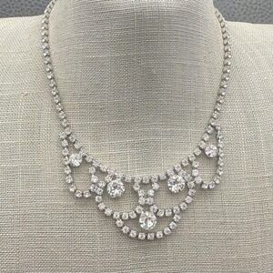 Vintage Weiss Rhinestone Necklace Bib Crystal Choker Bridal Wedding 16 Inch